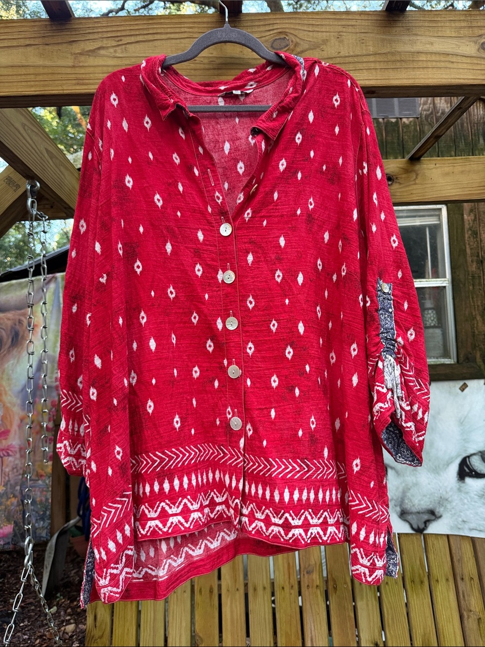 Red Patterned Button-Front Women’s Top 3x John mark plus